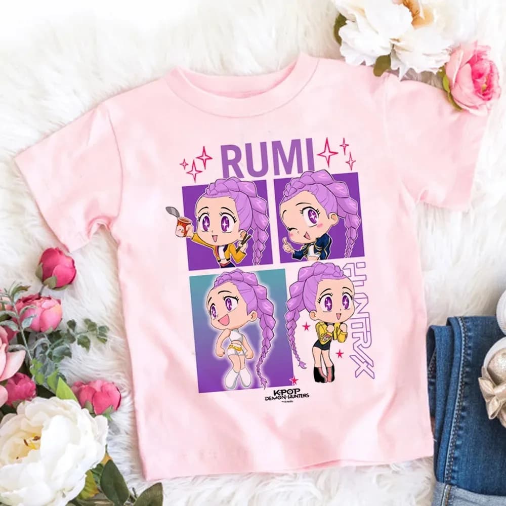 T-shirt K-pop Demon Hunters per bambini, un capo di abbigliamento con motivi di cartoni animati, un top casual da ragazza, opzioni regalo