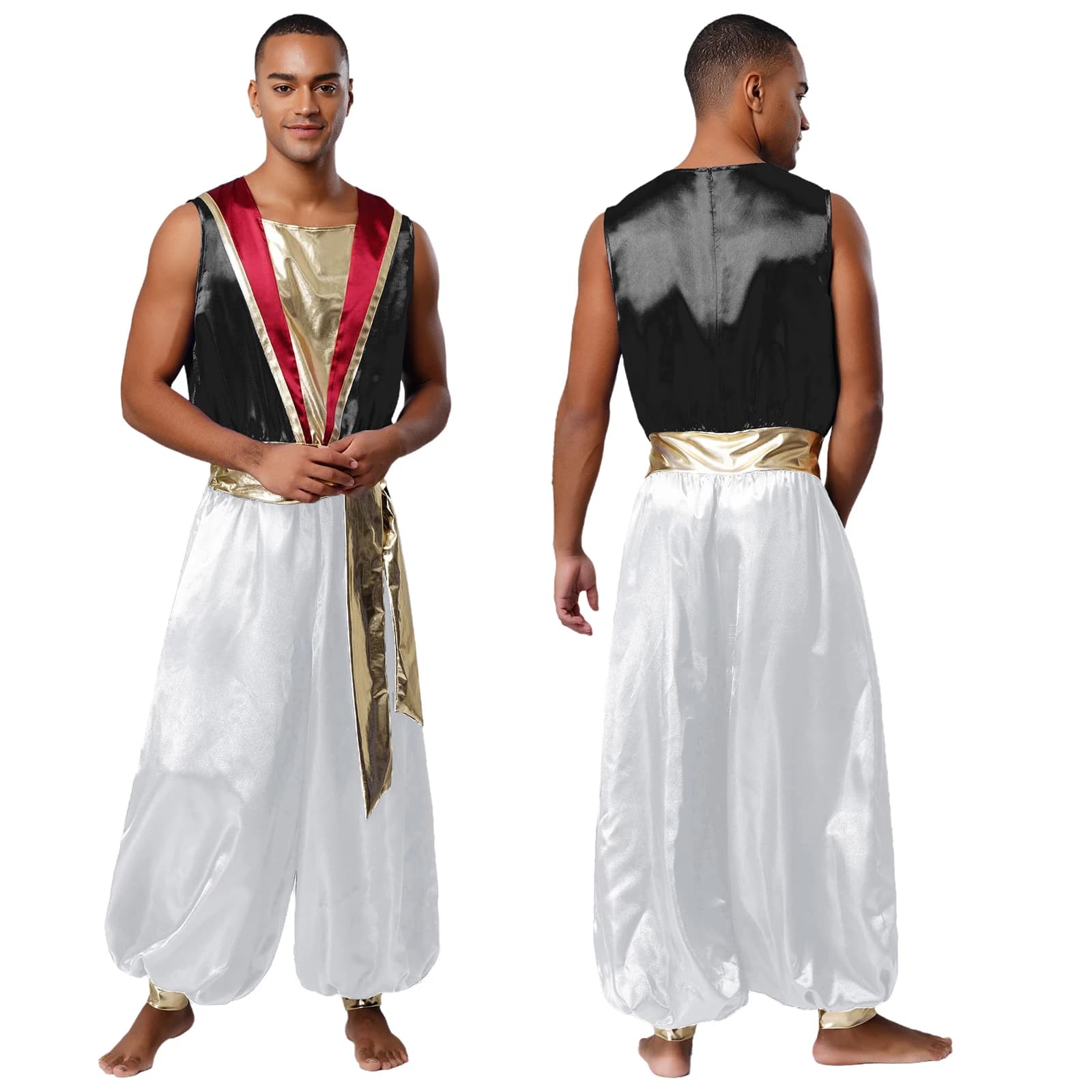 Costume cosplay da uomo per feste a tema Halloween, carnevale, fiabe, principe arabo, tuta senza maniche con cintura in raso metallizzato con cerniera