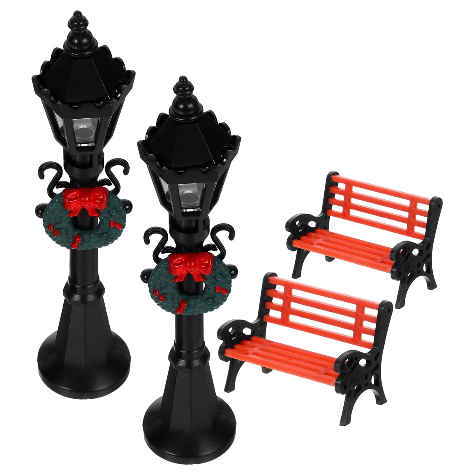 2 Set di Lampioni Miniatura da Giardino, Panchine Natalizie, Accessori per Scenari da Giardino Esterno, Casa delle Bambole, Sentieri e Giardini delle Fate