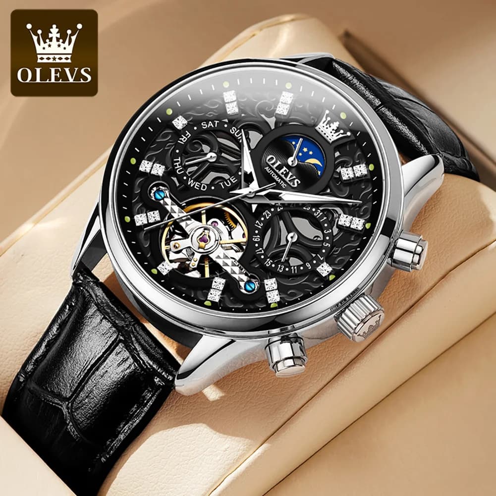 OLEVS 6658 Orologio Meccanico Automatico da Uomo con Cinturino in Pelle, Impermeabile, Fasi Lunari, Elegante per Affari