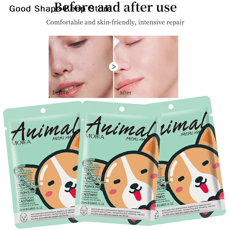 Moisturizing face masks MOIKA Puppy Animal for skin care, moisturizing face film, illuminating and repairer, pack of 1/5/10/20 pieces