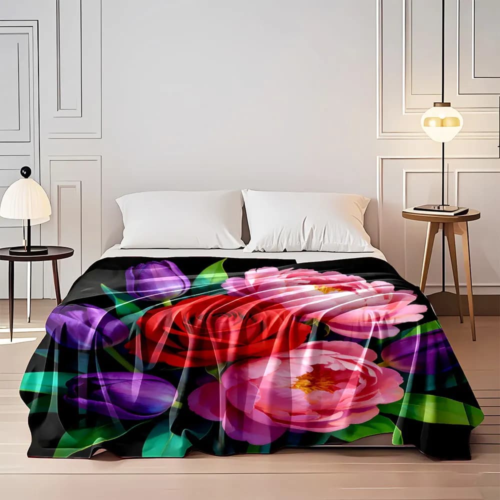 Coperta con stampa fiori, giglio, margherita, rosa, 6 misure, adatta per tutte le stagioni, bambini adulti, per divano, casa, viaggi, picnic, regali di lusso