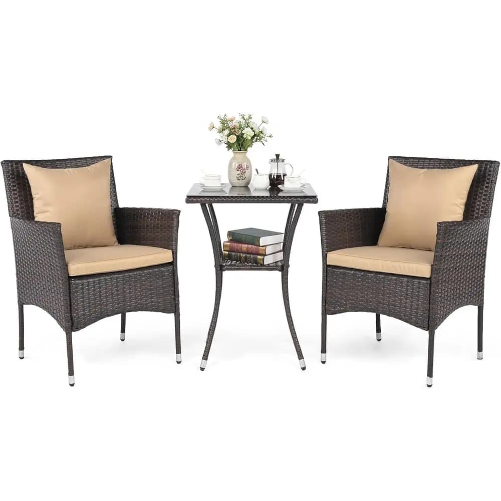 Set da bistrot in vimini da esterno in 3 pezzi con 2 sedie e tavolo in vetro a 2 livelli, imbottito, adatto per patio, veranda, bordo piscina (marrone e