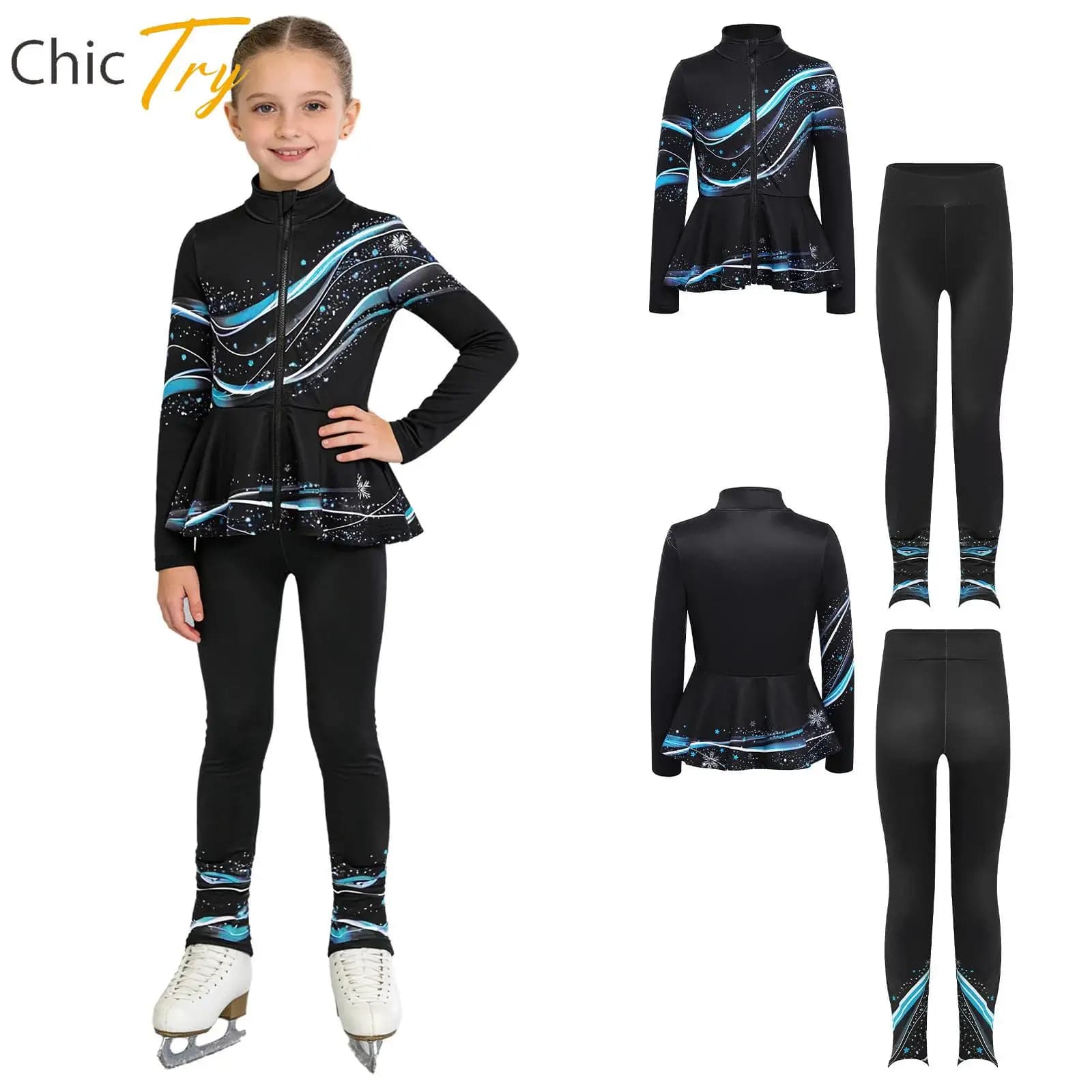 Rhythmic Gymnastics Dance Outfit Kids Girls Balllet Figure Skating Dancewear Teens Long Sleeve Zipper Peplum Jacket+Leggings Set