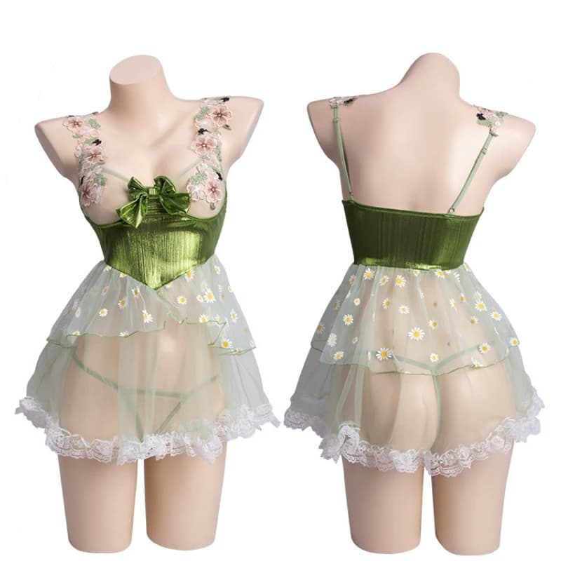 Sexy Dream Daisy Princess Gauzy Skirt Cosplay Costume Romantic Flower Dress Tulle Nightdress Mesh See Through Underwear Lingerie