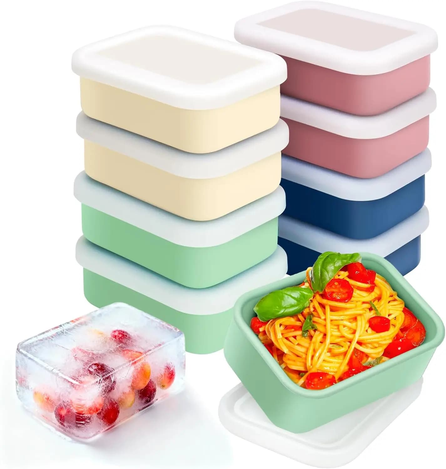 Set di 8 Stampi in Silicone per Congelatore con Coperchio, Contenitori Riutilizzabili per Conservazione Alimenti