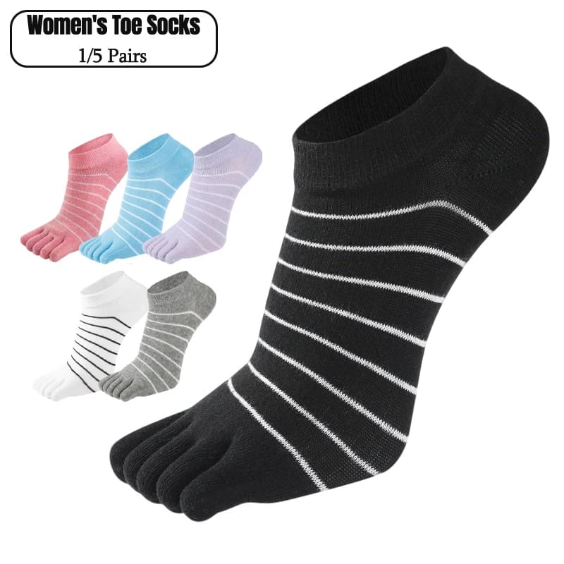 1/5 Pairs Women Striped Five Toe Socks Soft Cotton Breathable Finger Ankle Socks Elastic Low Cut Short Five Finger Socks