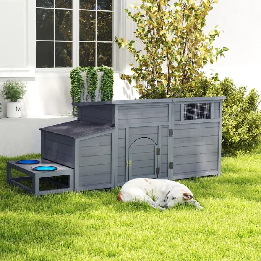 Cuccia per cani in legno Cuccia per cani da esterno con ciotole per alimenti Scatola portaoggetti Prese d'aria Tetto apribile Gabbia per box per animali domestici Grigia