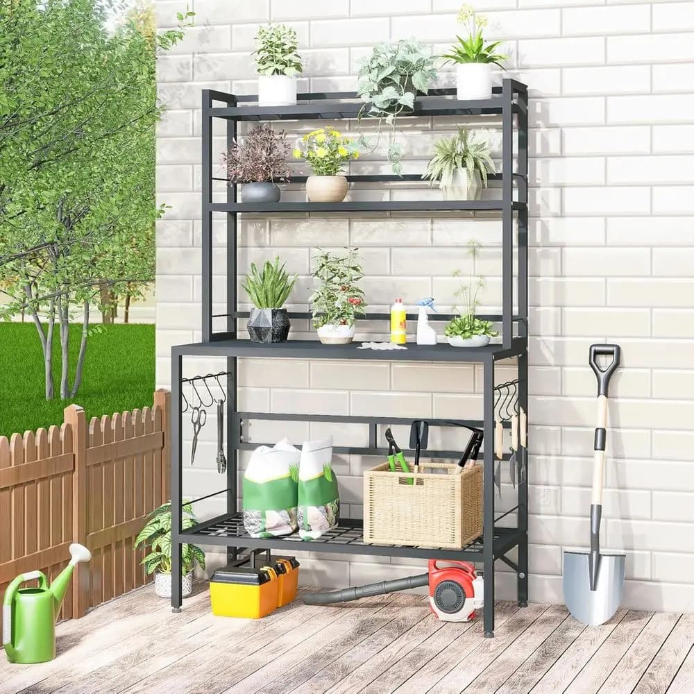 63 High Metal Outdoor Potting Bench with Storage and 4-Tier Plant Stand, 8 Hooks, Weather-Resistant for Patio, Balcony, Gray
