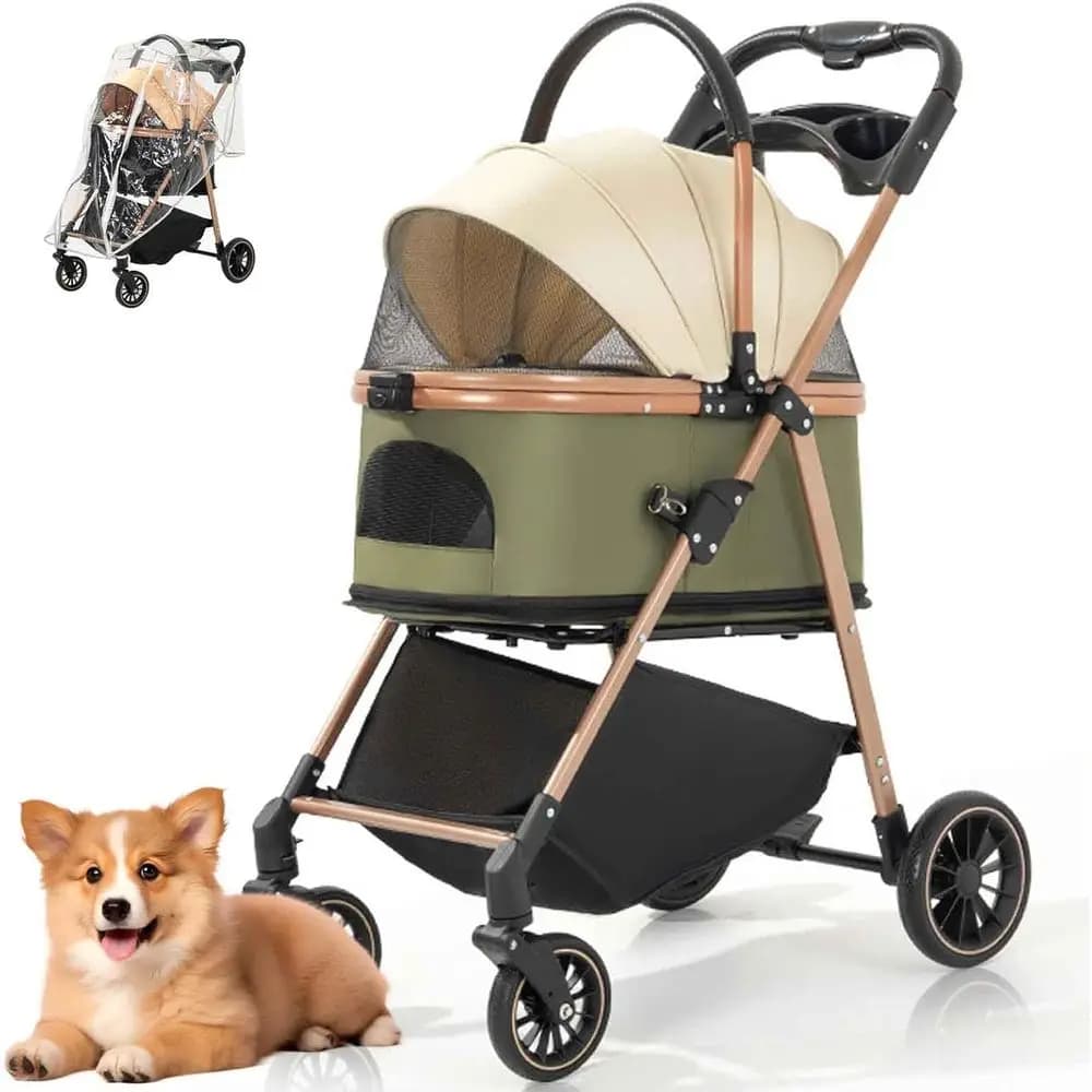 Passeggino per animali domestici 3 in 1 per tutti i terreni per cani e gatti di piccola taglia media, marsupio staccabile, copertura resistente alle intemperie, beige militare