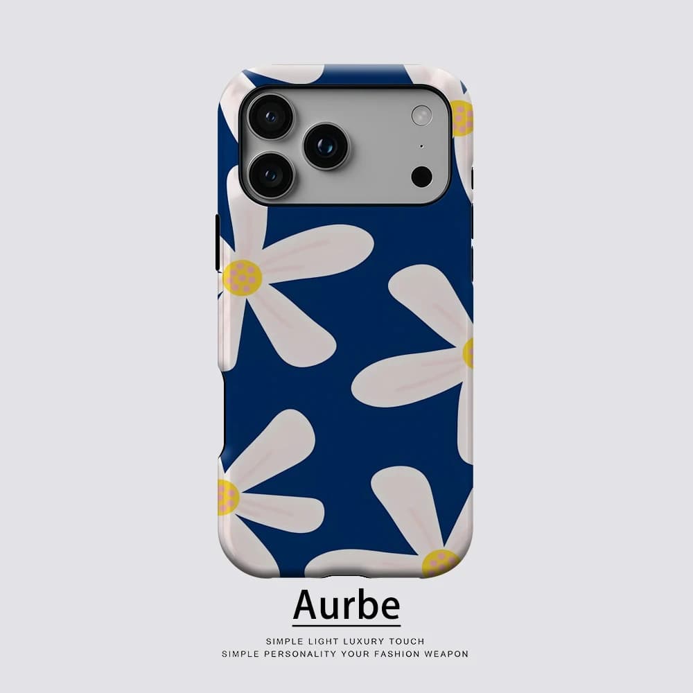 Navy White Petal For Magnetic Phone Case For IPhone 17 16 15 14 13 Pro Max Plus Single Double-Layer Tough Case