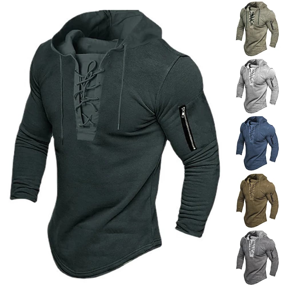 Felpa con Cappuccio da Uomo a Maniche Lunghe, Abbigliamento Casual, con Lacci, Colore Marrone, in Tessuto di Poliestere