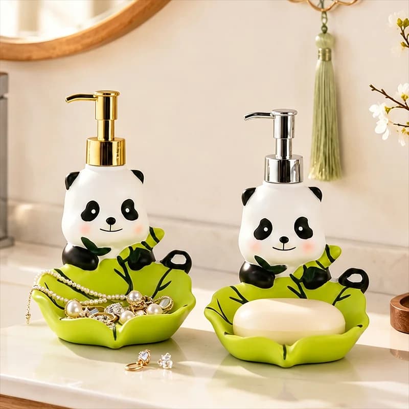 Cartoon Panda Soap Dispenser Refillable Lotion Pump Bottle with Lotus Jewelry Tray Resin Abs Bathroom Vanity Desktop Home Decor