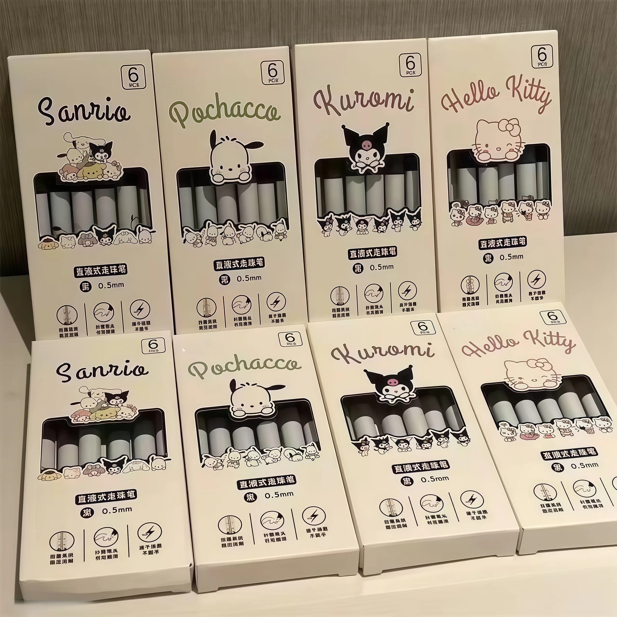 Sanrio 6 pezzi Set di penne gel 0,5 mm punta fine Hello Kitty Cinnamoroll Kuromi Melody Cartoon inchiostro nero forniture di cancelleria