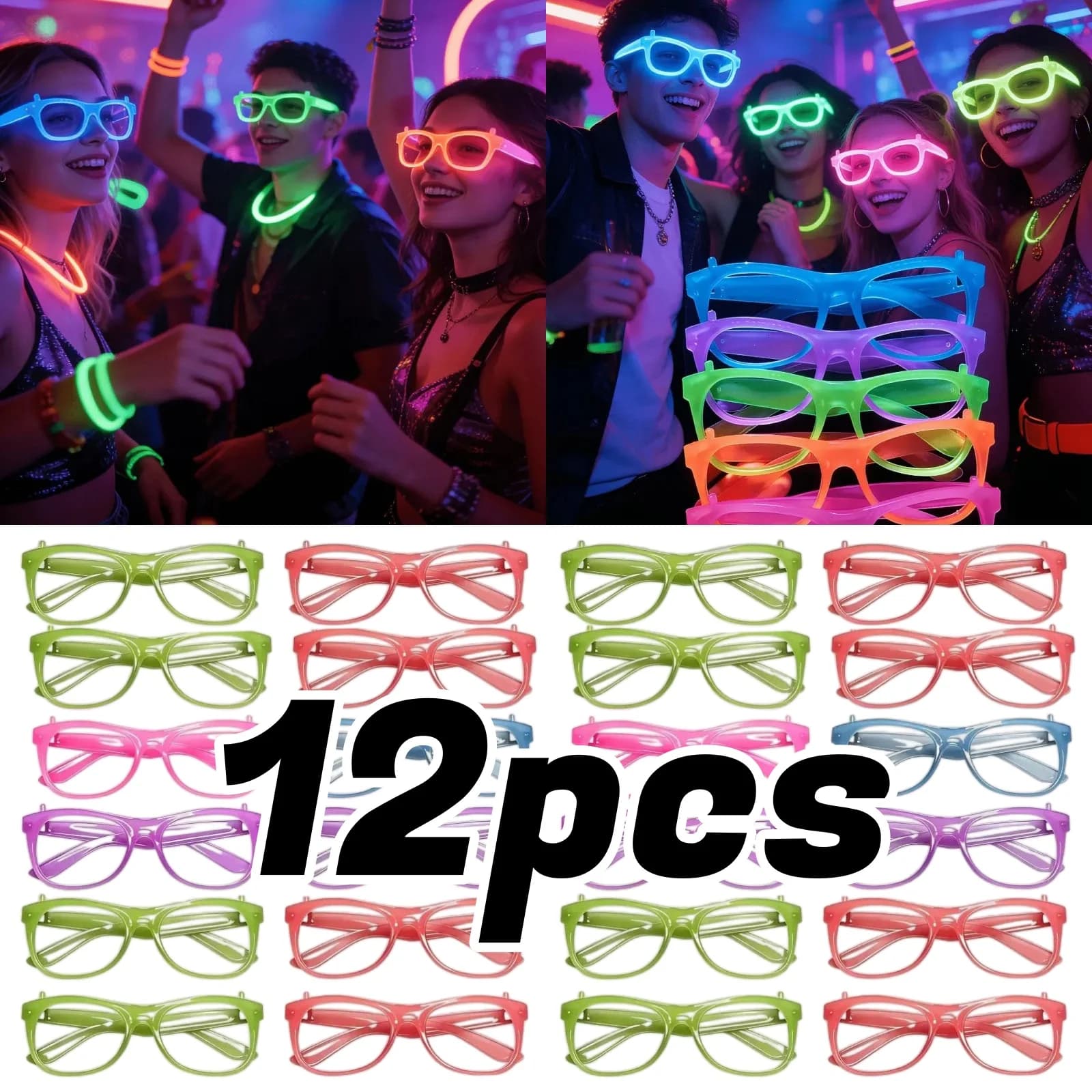 2/12pcs Glow-in-the-Dark Neon Glasses No-Lenses Luminous Glasses Frame Party Favor for Halloween Prom Birthday Decor Photo Props