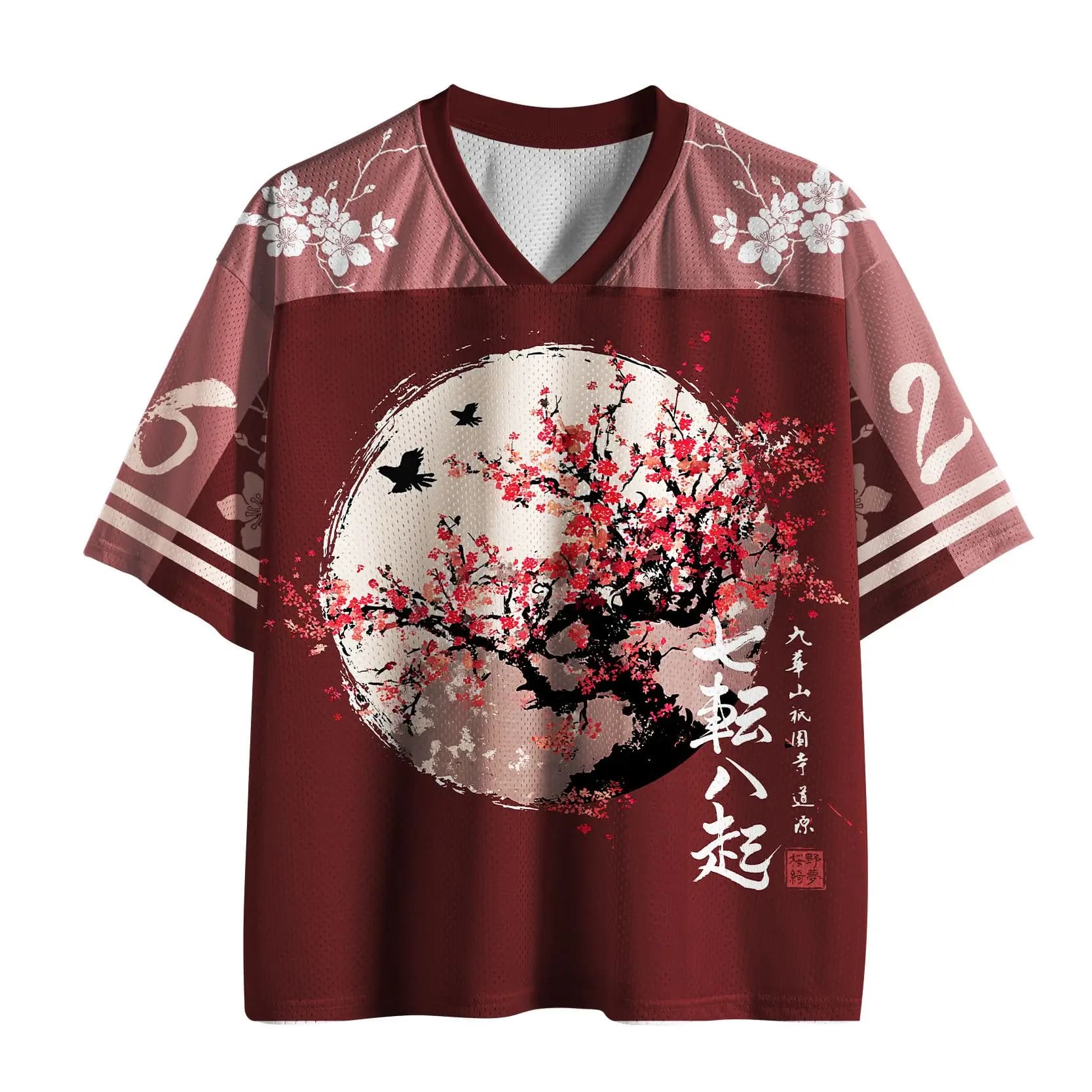 Maglia in jersey stile giapponese con motivo a fiori di ciliegio, scollo a V ampio e maniche corte, con il design del modello "Seven To Eight"