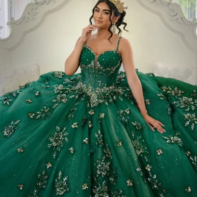 Abiti Quinceanera verde scuro lucido personalizzati con spalle scoperte applique con paillettes pizzo coda lunga fiocco Vestido De 15 Quinceanera