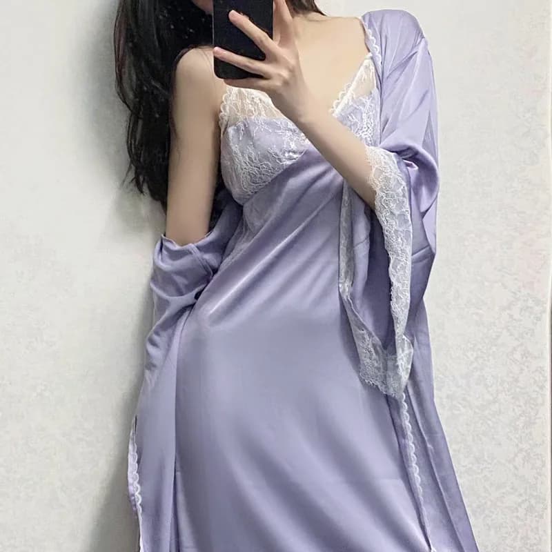 Long Kimono Bathrobe Elegant French Nightgown Sexy Lace Wedding Twinset Robe Set Spring Summer Women Sleepwear Loose Home Dress