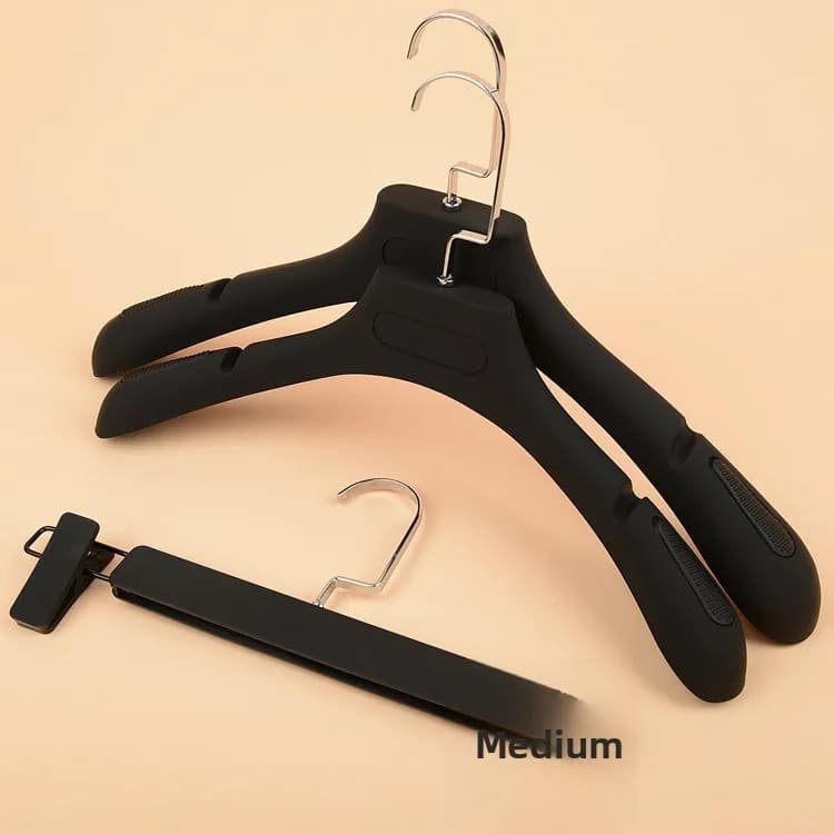 High-end plastic hanger with flat hook and wide shoulders, for men's and women's dresses, ideal for dress shops and wedding dresses.