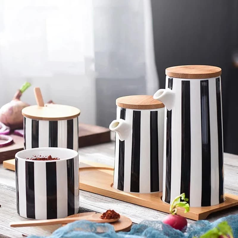 Set di barattoli di spezie in ceramica a strisce bianche e nere nordiche - Contenitori per sale, olio, salsa di soia e aceto per l'organizzazione della cucina