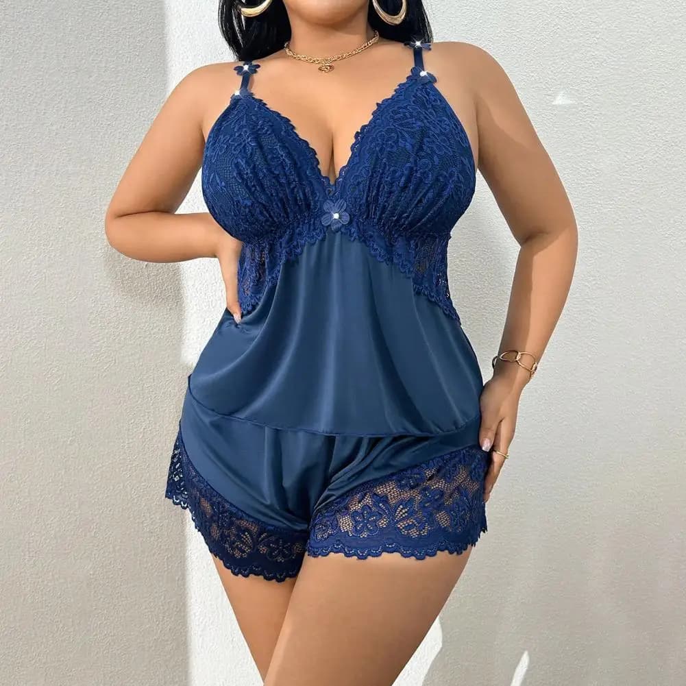 Set Pigiama Classico da Donna Taglie Forti, Completo Pigiama con Top a Bretelle e Pantaloncini con Bordo in Pizzo, Abbigliamento da Notte Due Pezzi, Set Lounge Comodo