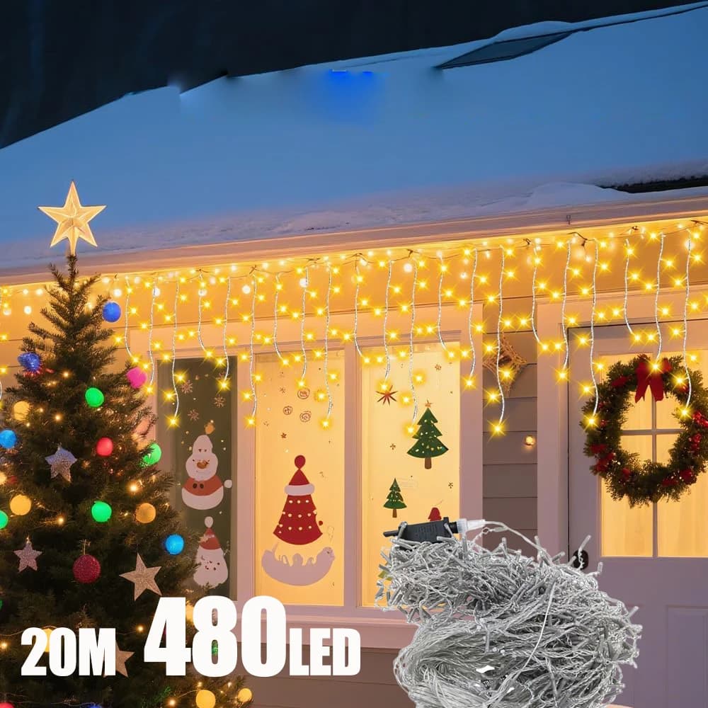 20M 480LED Luci a corda per tende ghiacciate Natale 40 gocce 8 modalità, plug-in impermeabile per le vacanze, matrimoni, feste, casa, giardino