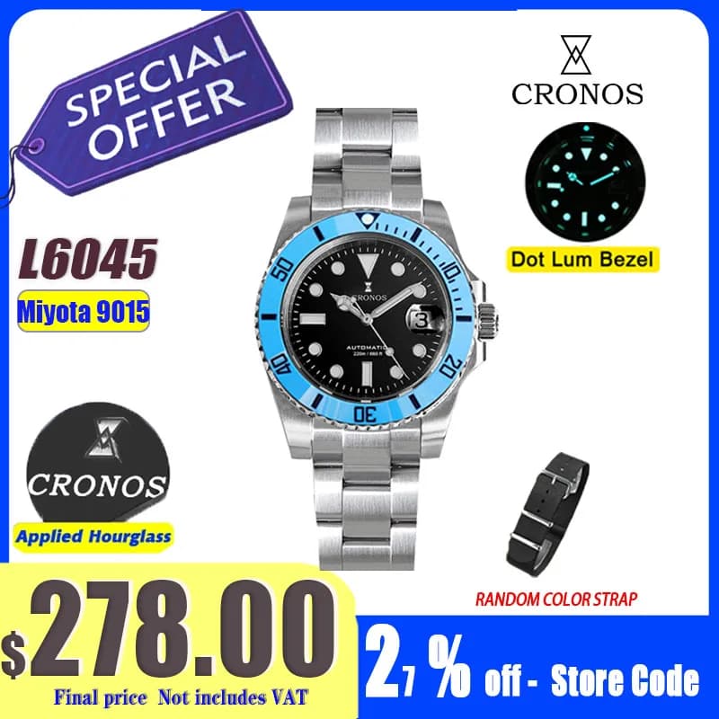 Cronos Nuovo Orologio Subacqueo da Uomo 40mm, Lussuoso Orologio Meccanico Automatico Miyota9015, Vetro Zaffiro, Impermeabile 200m, Chiusura Regolabile L6045