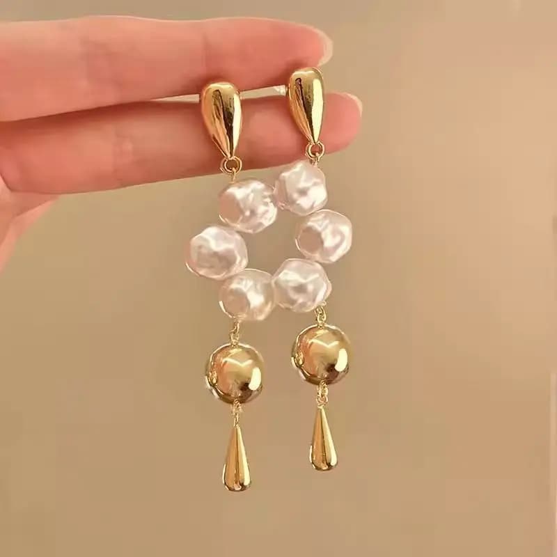Orecchini Pendenti Coreani con Perle Imitate e Nappine, Eleganti Orecchini Geometrici Irregolari per Donna, Gioielli da Festa