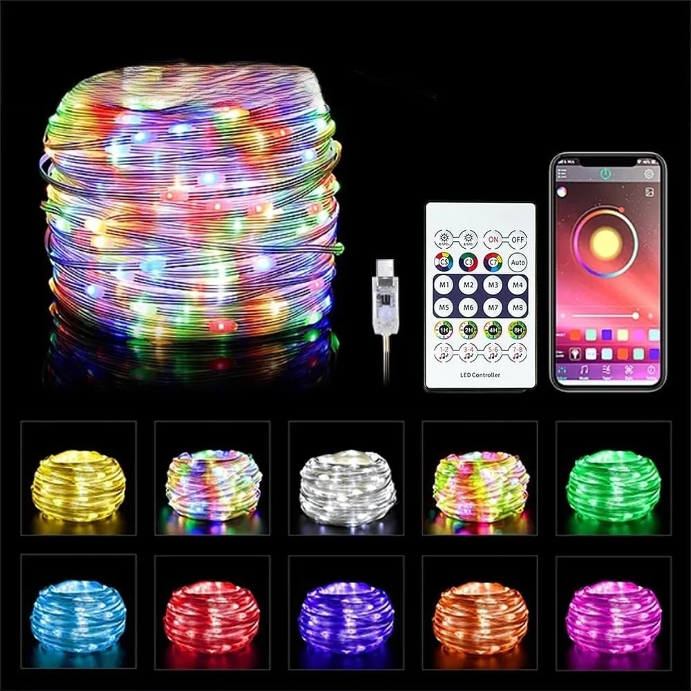 Luci a stringa fatate alimentate tramite USB da 5M/10M/15M/20M, impermeabili, con 8 modalità di illuminazione, telecomando, decorazioni per feste di compleanno e matrimoni
