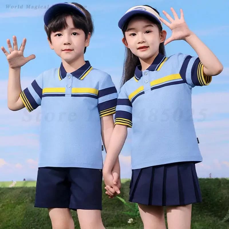 Ragazzi Ragazze Uniforme scolastica Abbigliamento sportivo per bambini Estate Tuta per bambini Camicia Pantaloncini Outfit Classe Uniforme Gonna corta Set Costume