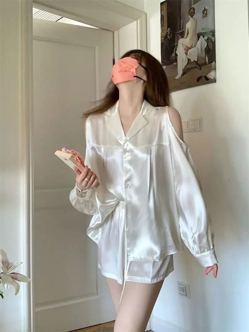 Women's Lace Satin Sweet Set Long Sleeves Shorts Clothing For Home Spring Summer Loungewear Nightwear Plus Size M-4XL