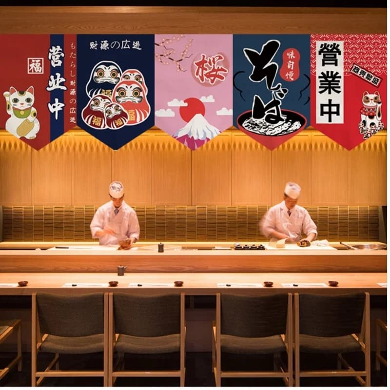 Ristorante giapponese personalizzato Noren Tenda per porta corta Ramen Stendardo Izakaya Appeso mezza tenda Decorazione divisoria da cucina in tessuto