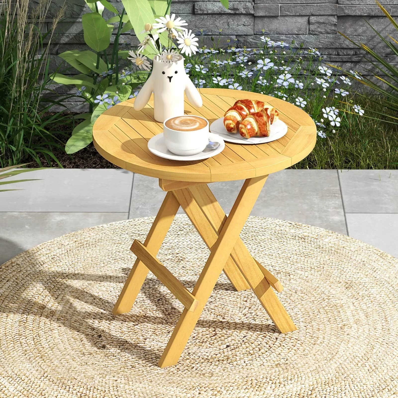 Tavolino pieghevole da patio con gambe a X e piano a doghe per giardino