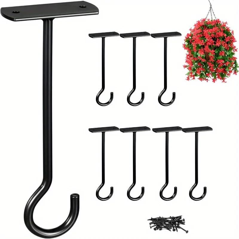 ‌8pcs Heavy Duty Wall Hooks - 6" 50lb Capacity Metal Plant Hangers for Indoor/Outdoor, Space-Saving Design (Black)