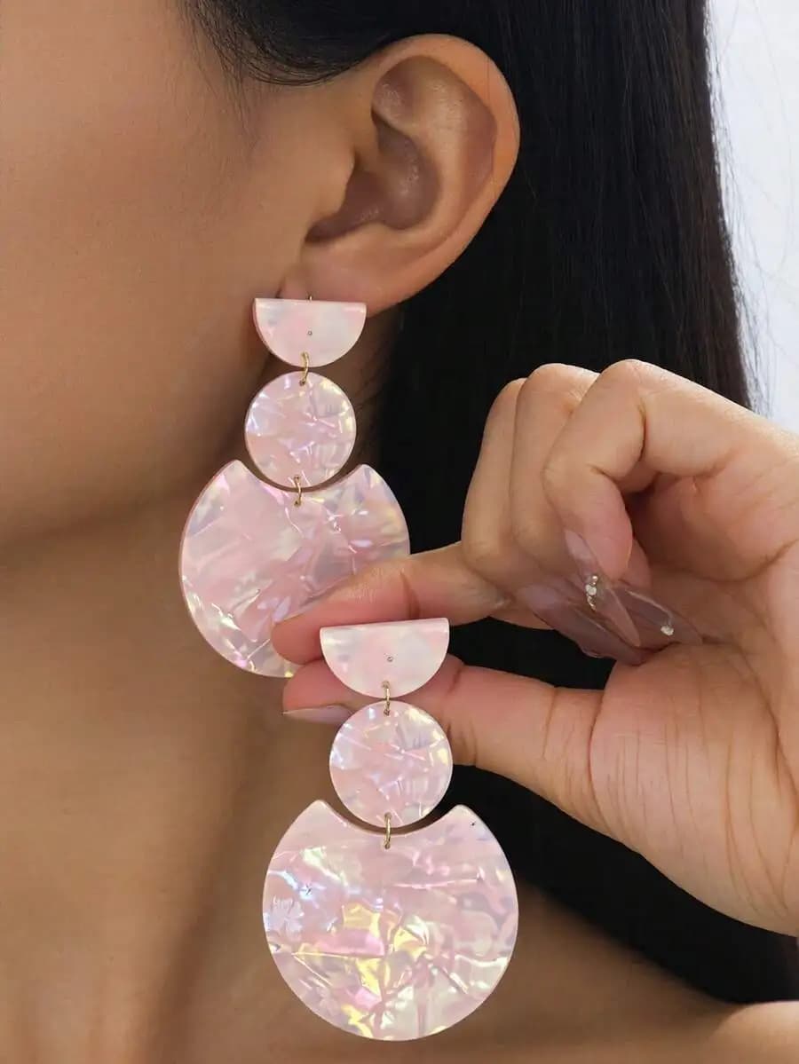 Fashion Acrylic Layered Pendant Earrings For Women Pink Iridescent Retro Statement Earrings