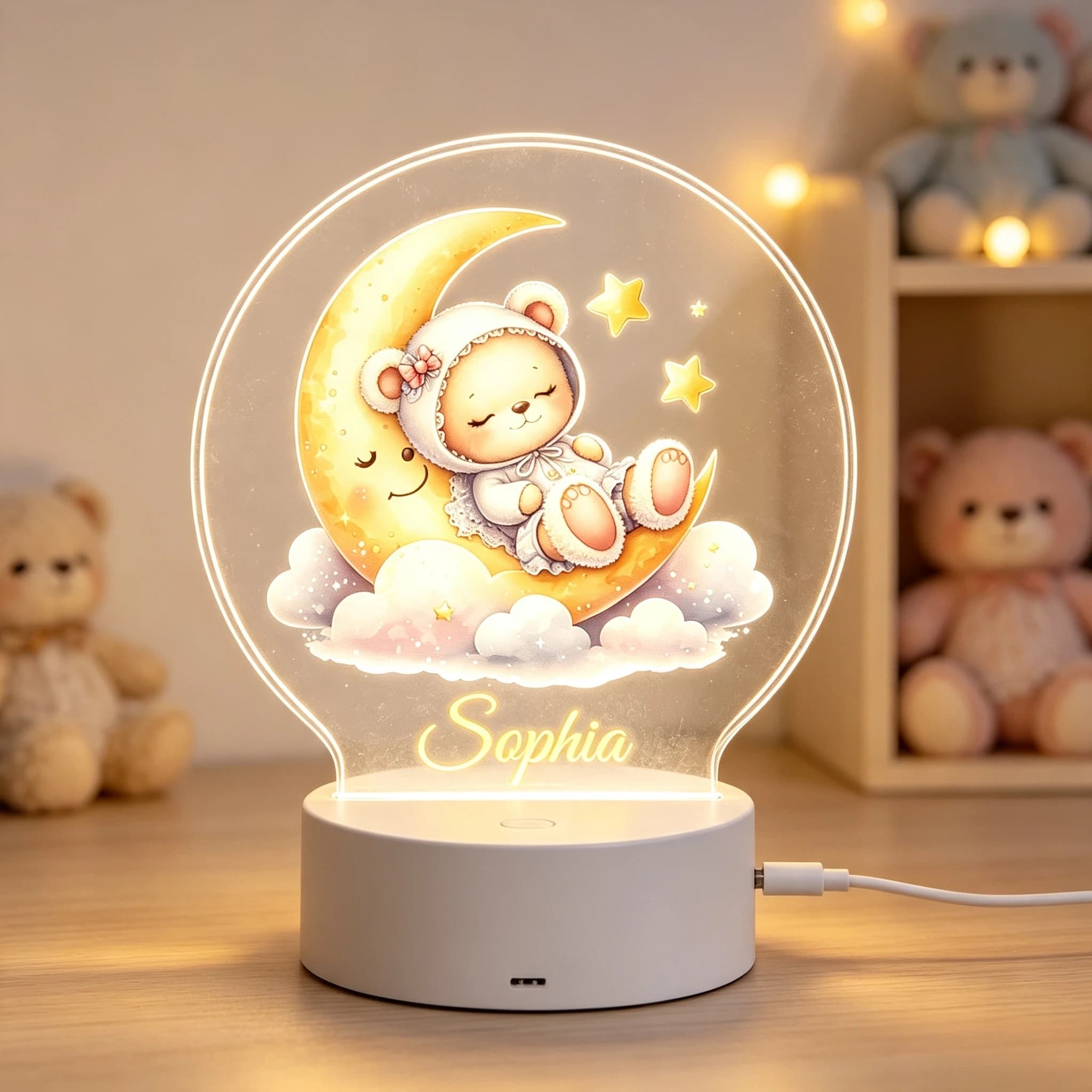 Personalized Name Hooded Pajama Bear On Smiling Moon Acrylic LED Night Light