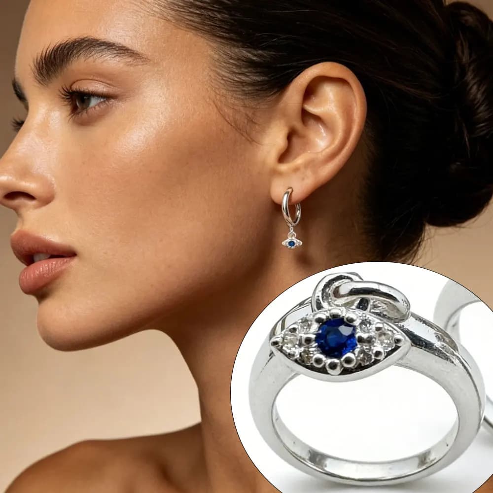 Orecchini a Cerchio con Zirconi Blu Profondo a Forma di Occhio, Orecchini Huggie con Zirconi Brillanti CZ, Regalo di Nozze, Orecchini alla Moda per Donne