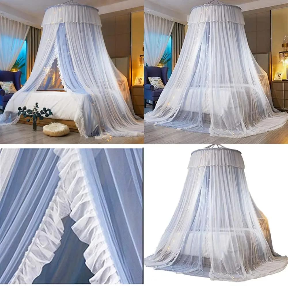 Double layer dome turkey mesh with round lace and star LED lights for girls (light gray/white)