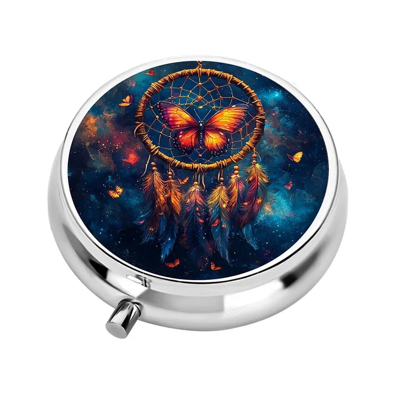 1 portable travel pill box with 3 compartments, mini pill box with a dreamcatcher theme, decorative metal vitamin storage box, suitable for travel - can be placed in a wallet or