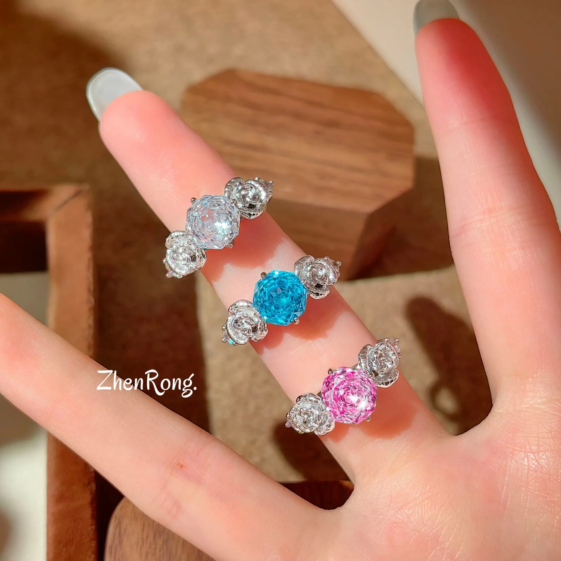 S925 sterling silver ring, true love rose star anise pink diamond ring, light luxury versatile camellia women's ring