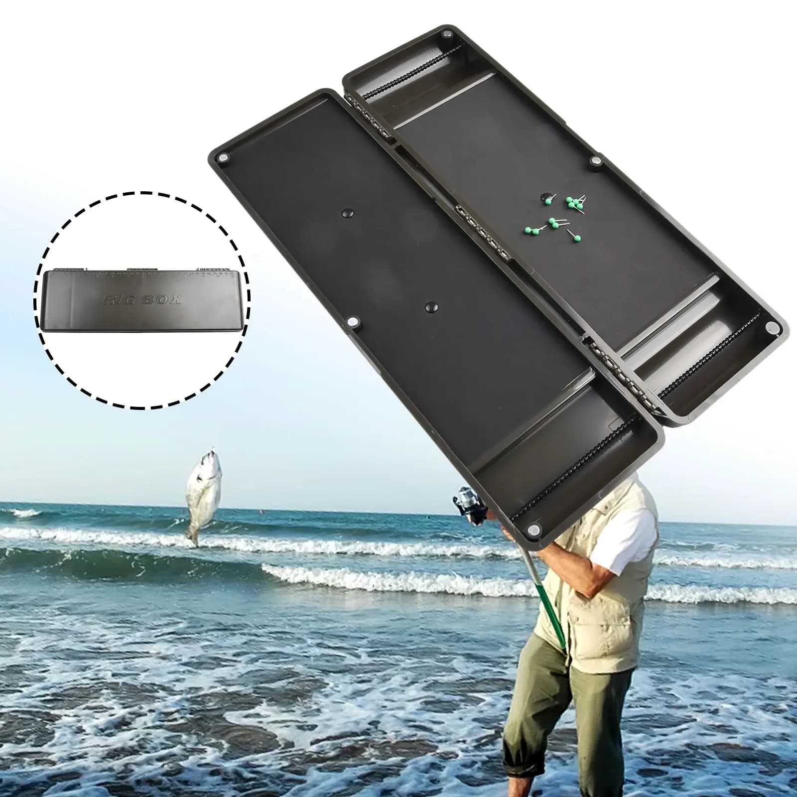 Scatola porta attrezzi da pesca verde militare con 10 fissaggi e righello integrato, custodia in plastica antiurto per attrezzatura da pesca alla carpa