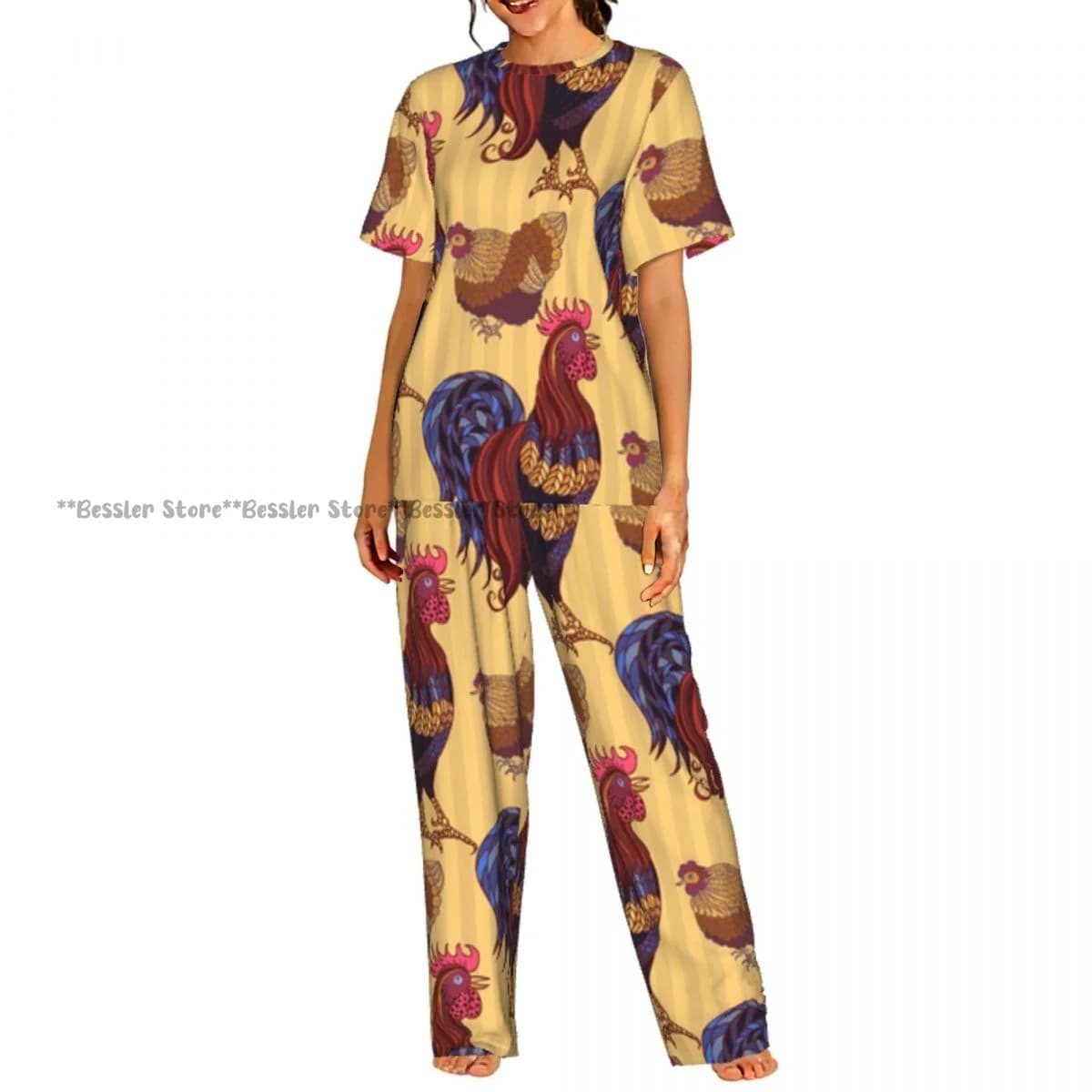 Women's comfortable pyjamas, short sleeve pyjamas set with chickens and hand drawn chicks