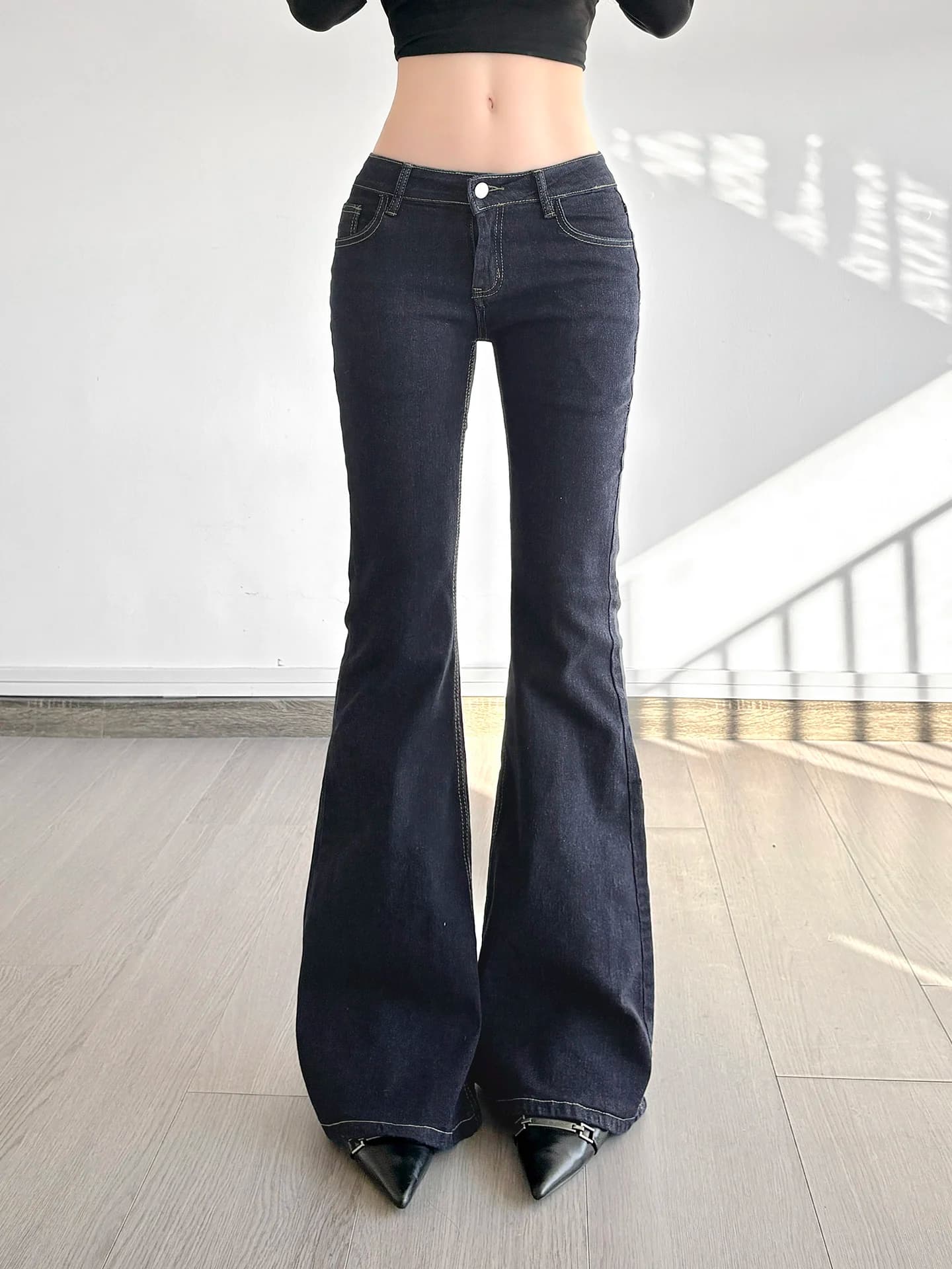 WEEKEEP American Style Deep Blue Slim Fit Low Waist Bell Bottom Jeans Casual Versatile Slimming Long Pants for Young Women