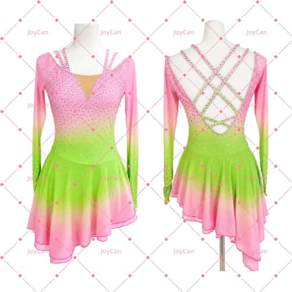 JoyCan Ice Figure Skating Dress Girls Pink Spandex Stretchy Mesh Competition Dance Wear Customized BD8021