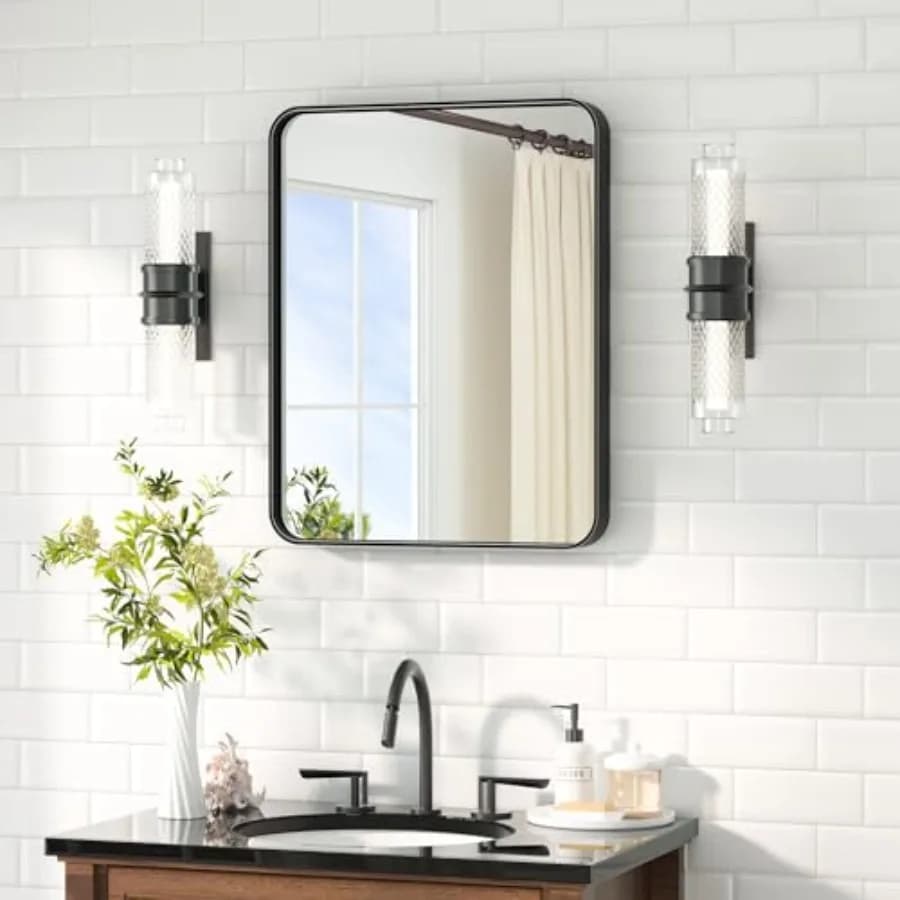 Specchio da bagno moderno in stile farmhouse, da parete, con vetro temperato e cornice in metallo nero opaco, 16 x 20 pollici, versatile, orizzontale