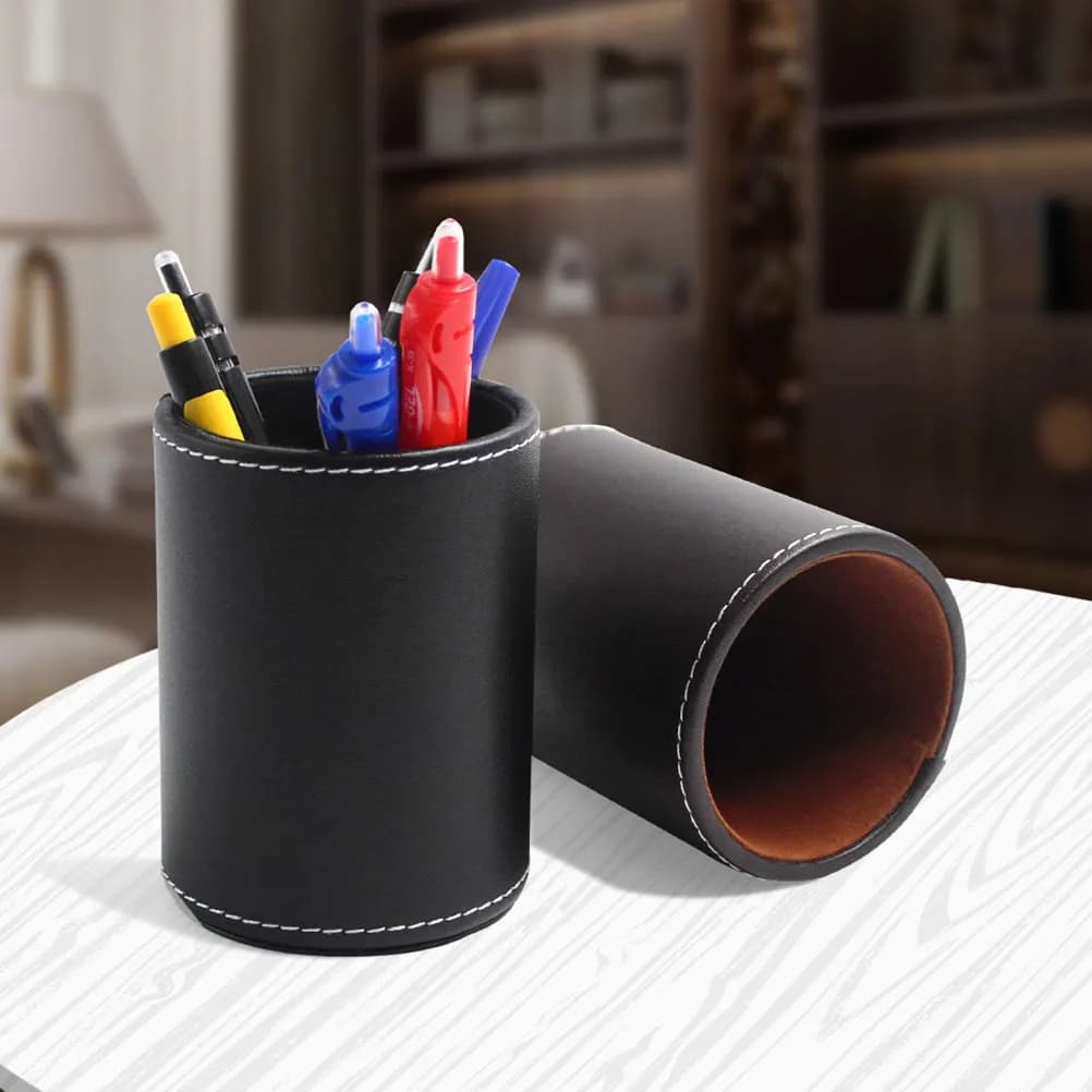 1 piece PU round pen holder for desk, pencil container, makeup brush organizer, for home, office, school