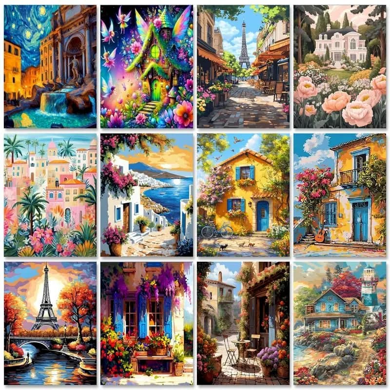 GATYZTORY House Scenery DIY Painting With Numbers On Canvas Adult Oil Pictures For Number Frame Home Decoration