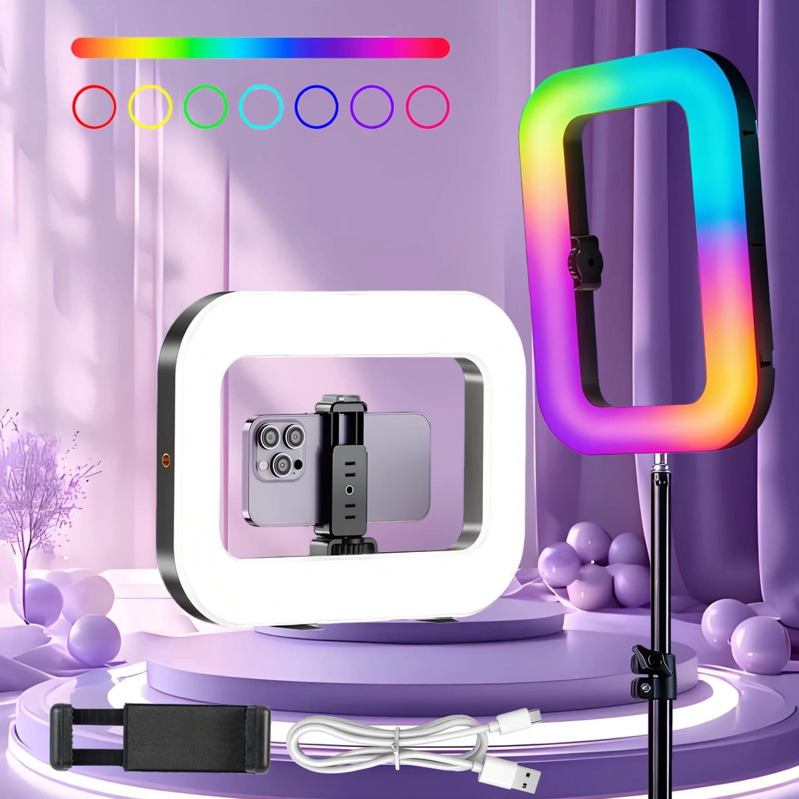Luce ad Anello LED RGB per Smartphone, Stabilizzatore Video Portatile Ricaricabile, Batteria Integrata per Registrazione e Streaming