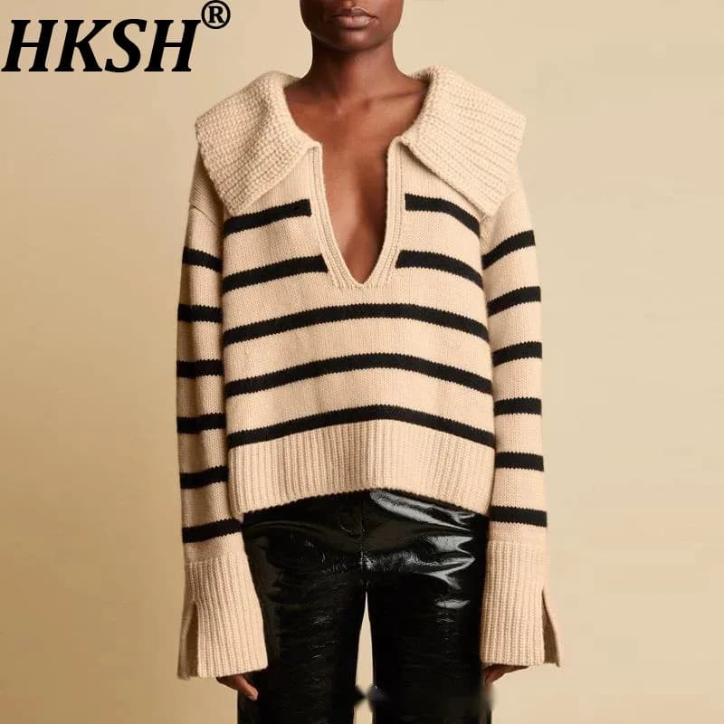HKSH Spring Autumn New Women Striped Sweater Wool Cashmere Blend Design Niche V-neck Pullover Elegant Fashion Knitted Top HK3140