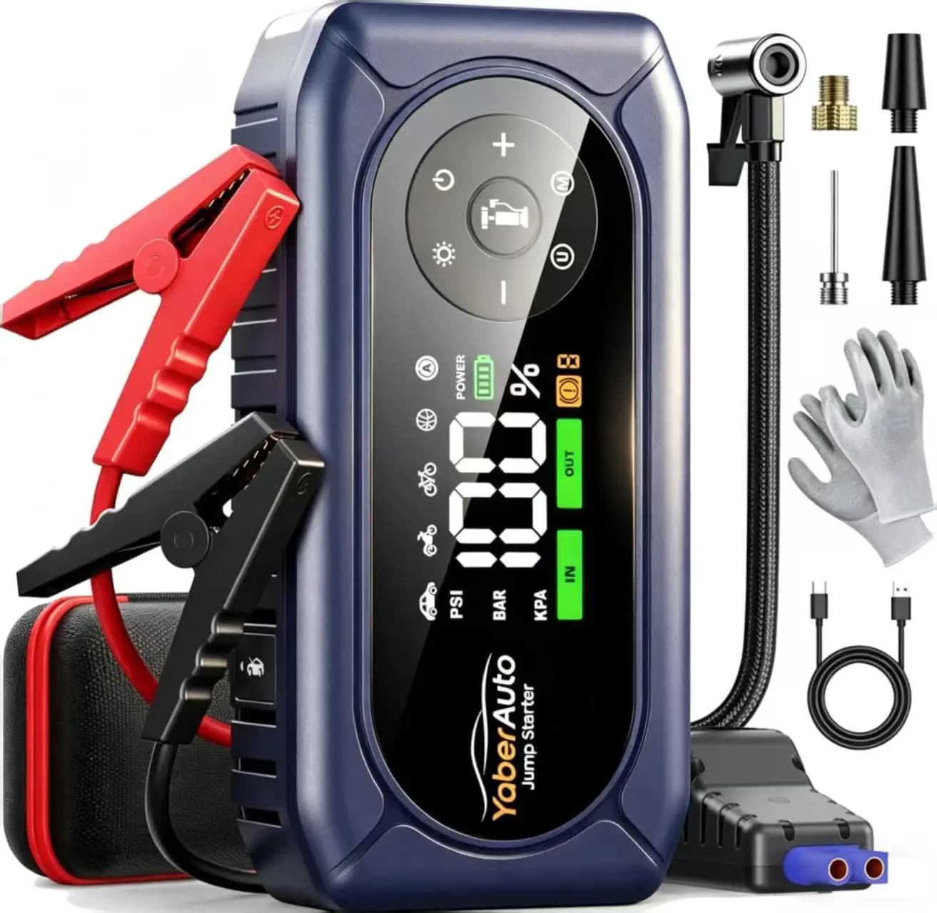 Avviatore d'Emergenza per Auto 9-in-1 con Compressore d'Aria 4500A 150PSI, Portatile per Motori a Benzina/Diesel, Include Cavi di Sicurezza e Guanti